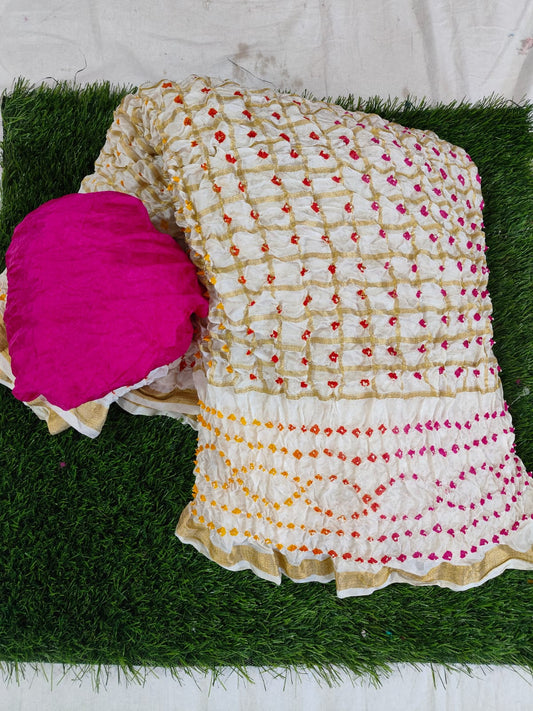 Bandhej Ghadchola Silk Saree with Zari Border and Contrast Blouse