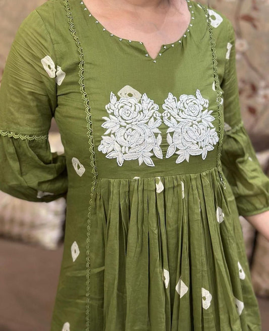 Bandage Discharge Print Cotton Kurta Pant Set with Adda & Embroidered Lace Work