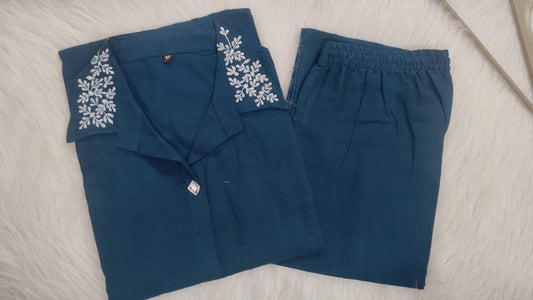 Cotton Slub A-Line Kurti with Embroidered Collar & Palazzo Set