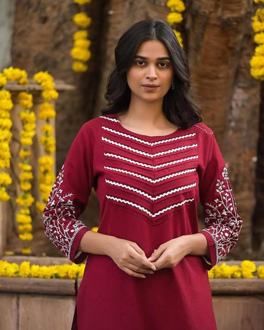 Cotton Kurti Pant Set with Embroidery