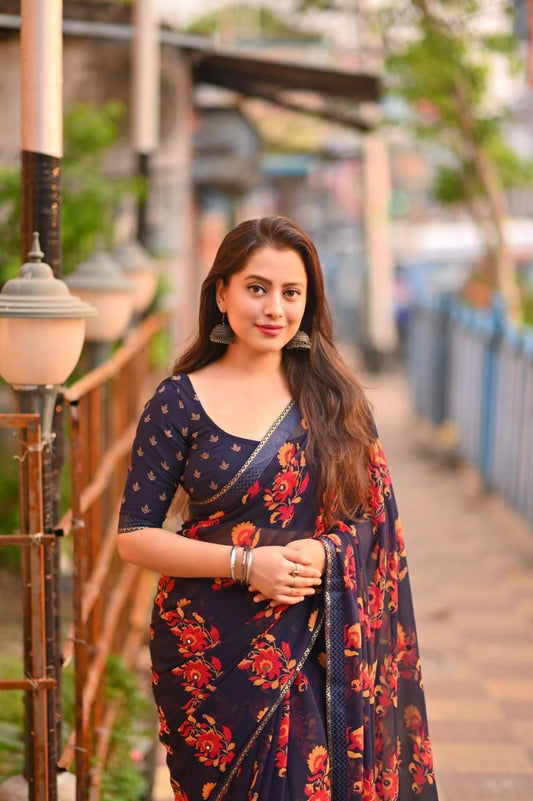Navy Blue Georgette Saree with Multicolor Floral Prints