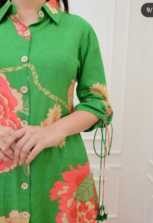 Muslin Digital Print Co-Ord Set – Shirt Collar Top with Dori Pattern Sleeves & Matching Pant