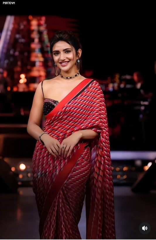 Georgette Saree with Zari Weave Stripes & Mill Print – Includes Blouse Piece