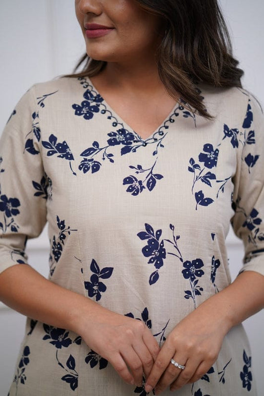 Cotton Printed Kurti with Neck Embroidery & Matching Plazo Set