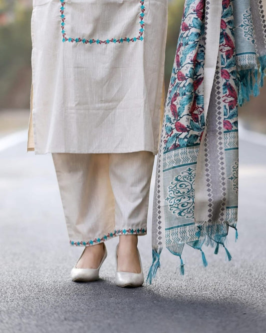 Handloom Cotton Kurta Pant and Ikat Print Dupatta Set with Resham Embroidery