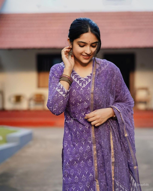 Women's Cotton Kurti Suit with Proccen Print (Kurti+Pant+Dupatta)