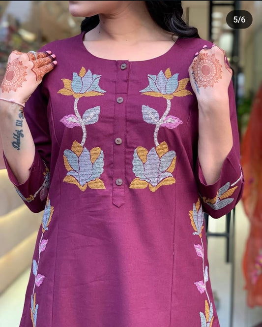 Women's Embroidered Kurta with Matching Pant - 60x60 Cotton Fabric