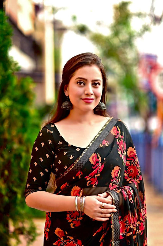 Black Georgette Saree with Multicolor Floral Prints and Tye and Dye Border