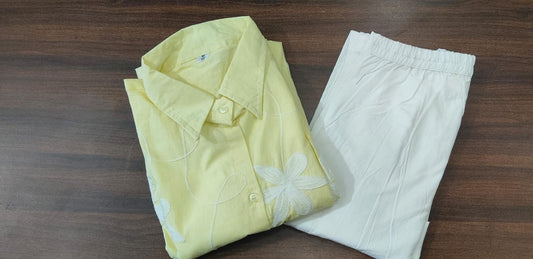 Cotton 60*60 Aari Embroidered Top with Poplin Bell Bottom Pant