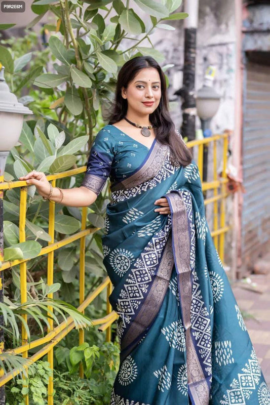 Cotton Silk Batik Print Saree with Kanjivaram Zari Border & Printed Blouse