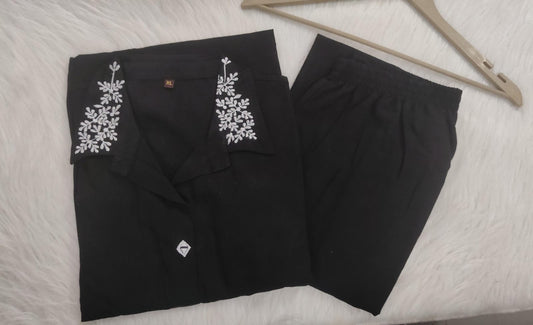 Cotton Slub A-Line Kurti with Embroidered Collar & Palazzo Set