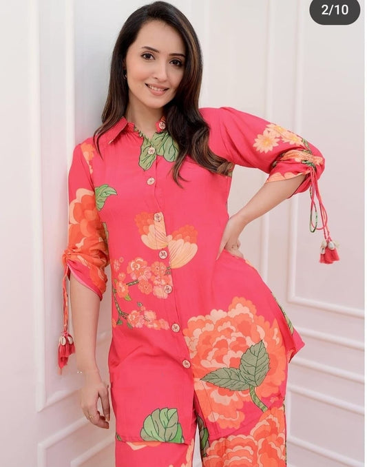 Muslin Digital Print Co-Ord Set – Shirt Collar Top with Dori Pattern Sleeves & Matching Pant