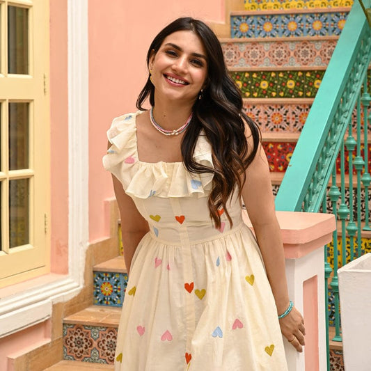 Cream Frill Dress - Crafted from Cotton with Allover Heart Print