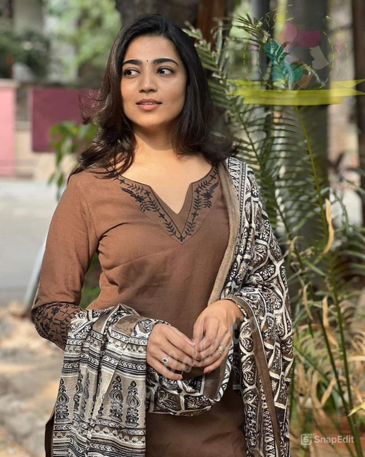 Brown Cotton Suit Set with Embroidery & Digital Print Dupatta