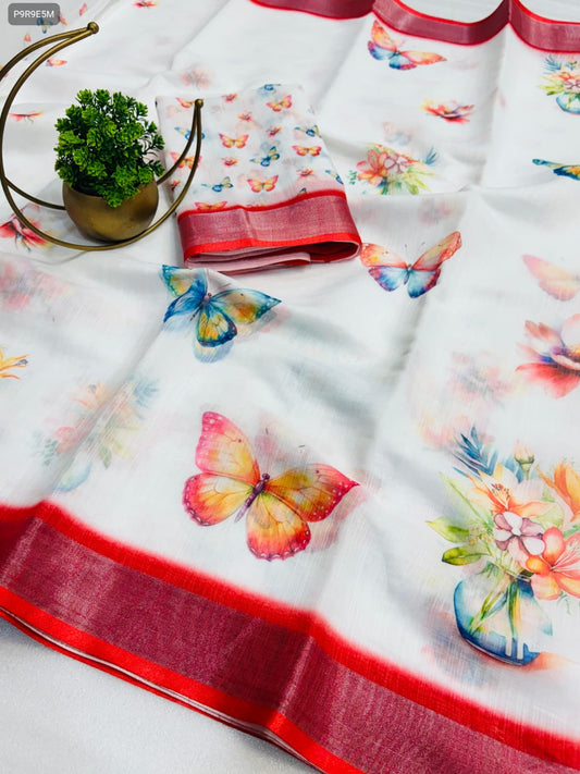 Linen Cotton Saree with Zari Border & Digital Print – Includes Running Blouse