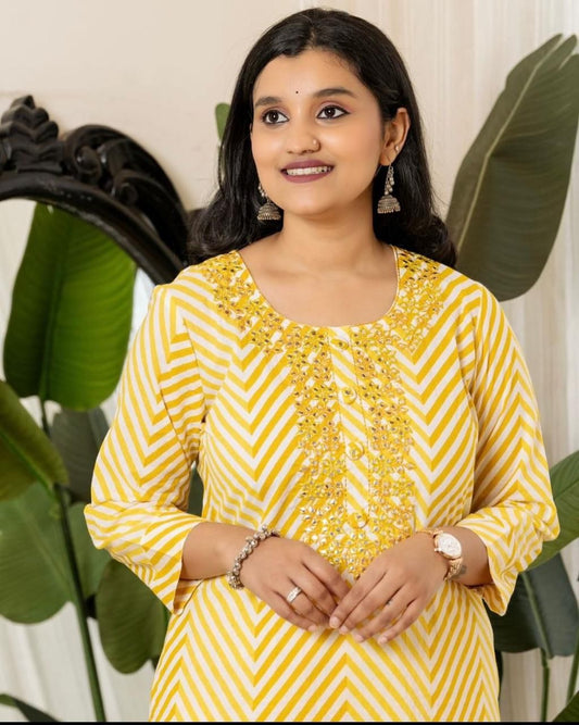 Embroidered Lahriya Kurta Set with Adda Work in Saganeri Print