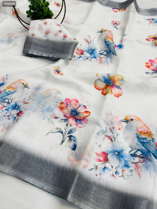 Linen Cotton Saree with Zari Border & Digital Print – Includes Running Blouse