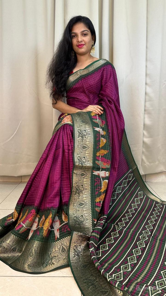 Dola Silk Saree with Jari Chex Design & 9" Jacquard Border (Running Blouse Included)