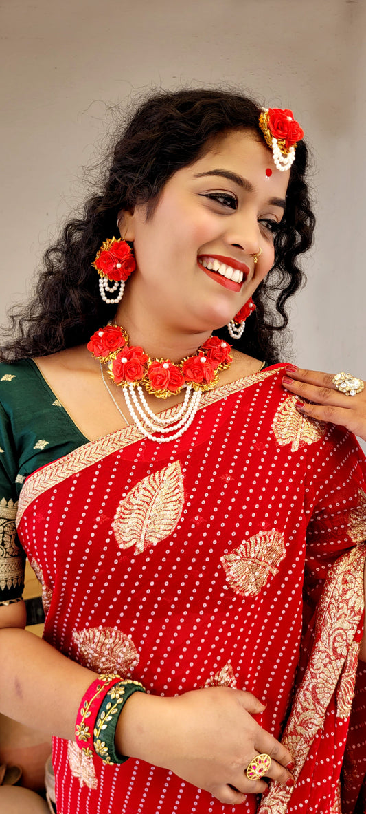 Sanganeri Print Saree with Zari Work and Contrast Blouse