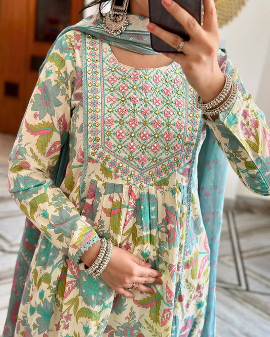 Cotton Printed Kurta Pant Set with Lace Work & Malmal Dupatta