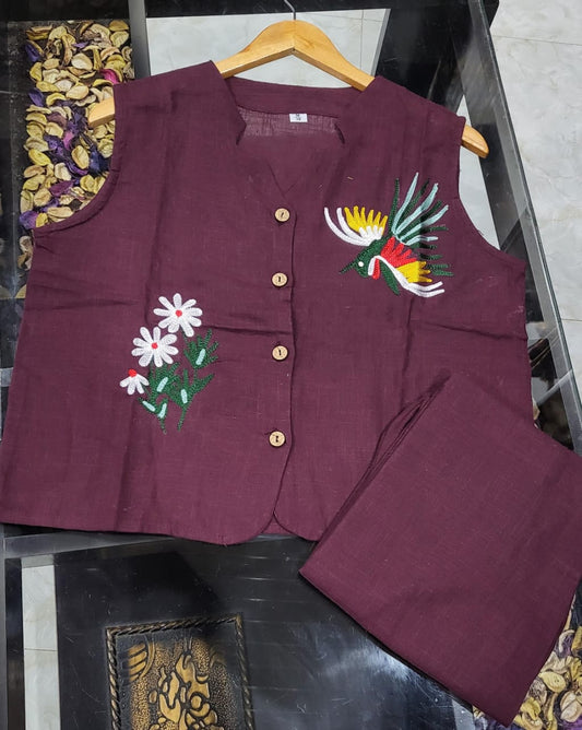 Cotton Slub Aari Work Co-Ord Set – Bird & Floral Embroidery