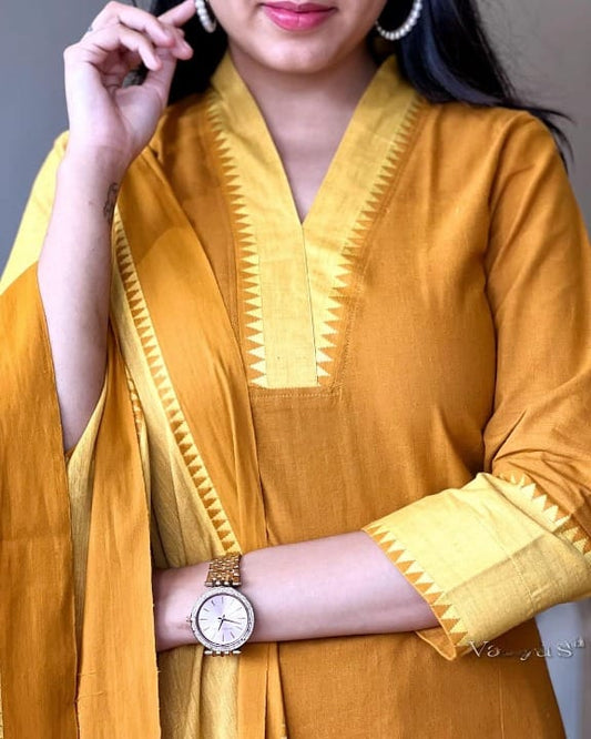 South Cotton Kurta Set with Self-Weaving Temple Border Dupatta