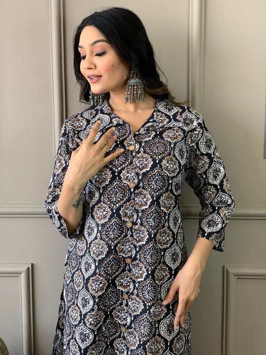 Ajrakh Work Cotton Kurta Set with Dupatta