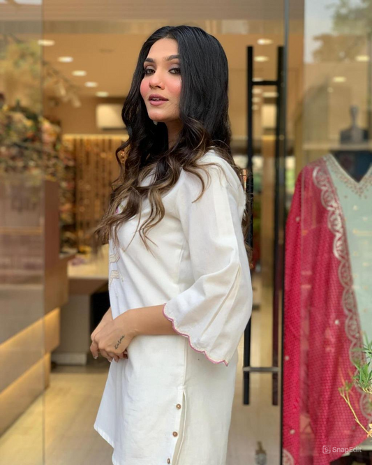 White Embroidered Cotton Flex Co-ord Set