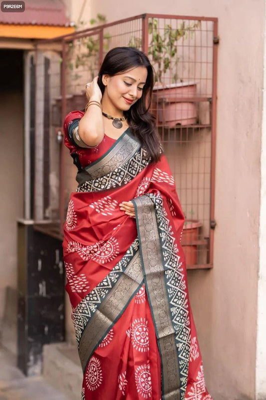 Cotton Silk Batik Print Saree with Kanjivaram Zari Border & Printed Blouse