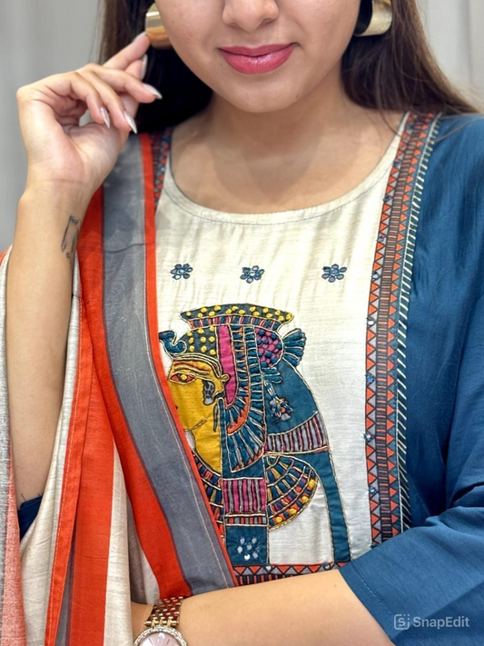 Chinon & Egyptian Print Silk Three-Piece Suit – Kurta, Pant & Dupatta