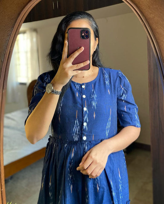 Ikat Print Cotton Midi Dress in Blue