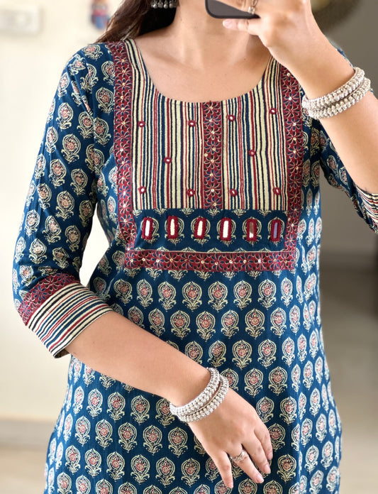 Cotton Kurti Set with Pant & Dupatta | Mirror Work | Fully Stitched