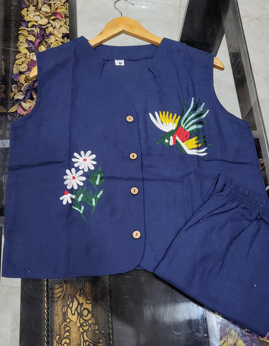 Cotton Slub Aari Work Co-Ord Set – Bird & Floral Embroidery
