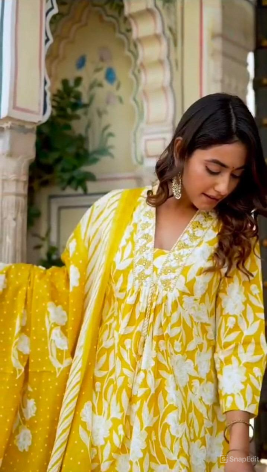 Sanganeri Cotton Anarkali Kurta Set with Embroidery