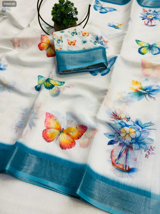 Linen Cotton Saree with Zari Border & Digital Print – Includes Running Blouse