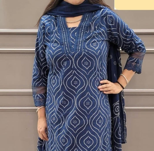 Cotton 60x60 Printed Kurti Set with Embellished Neckline, Cotton Pant, and Malmal Dupatta - Fully Stitched