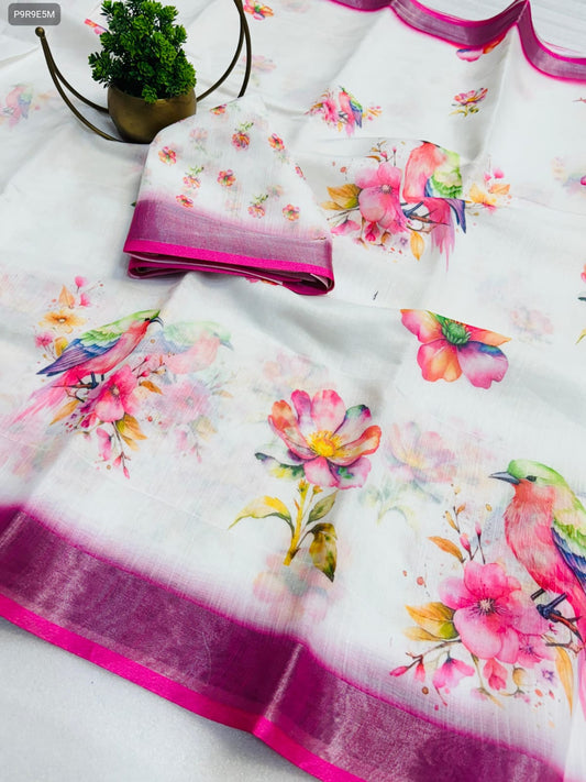 Linen Cotton Saree with Zari Border & Digital Print – Includes Running Blouse