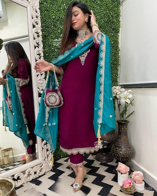 Vichitra Silk Kurti Set with Potli – Embroidered & Lined