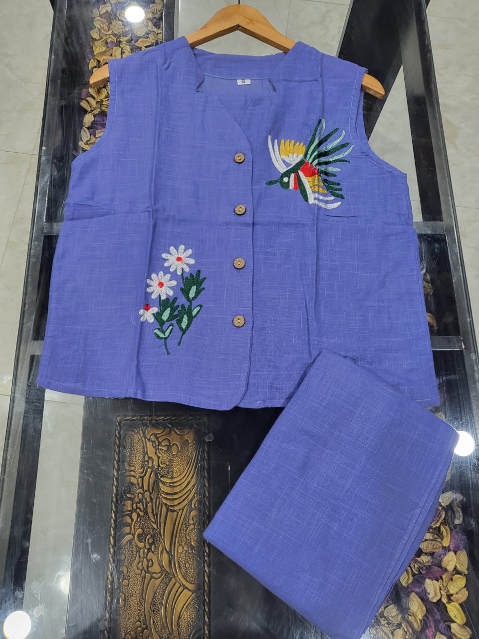 Cotton Slub Aari Work Co-Ord Set – Bird & Floral Embroidery