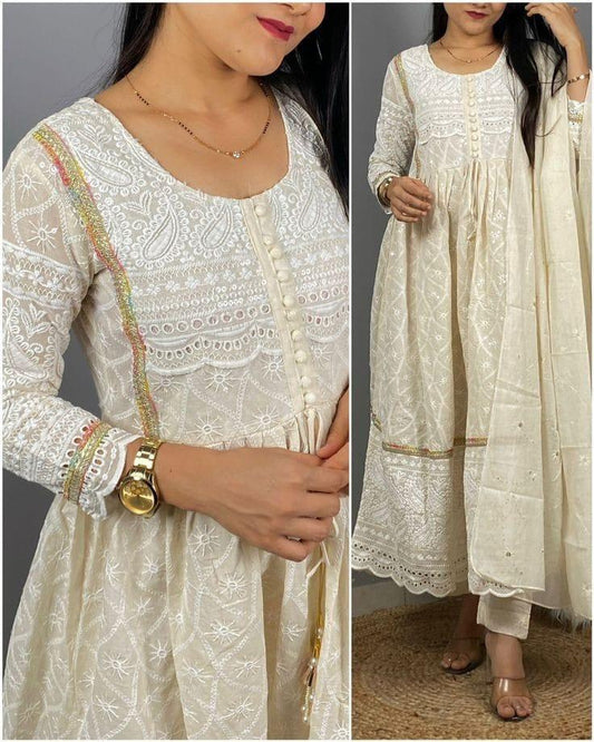 Chikankari Kurti with Pant and Chanderi Dupatta - Embroidered, Tassels, and Sequins Work