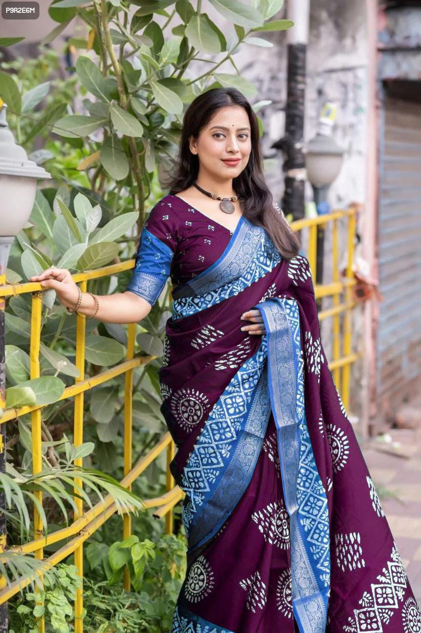 Cotton Silk Batik Print Saree with Kanjivaram Zari Border & Printed Blouse
