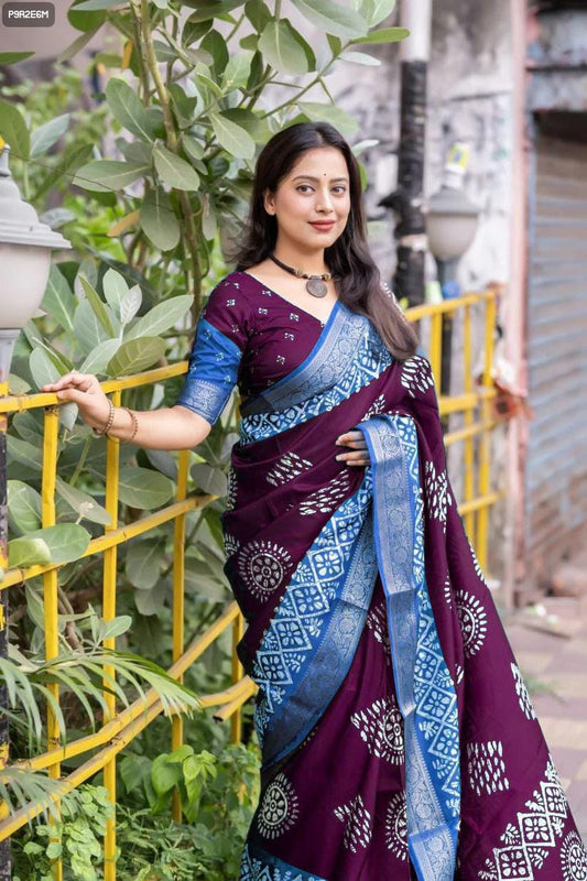 Cotton Silk Batik Print Saree with Kanjivaram Zari Border & Printed Blouse