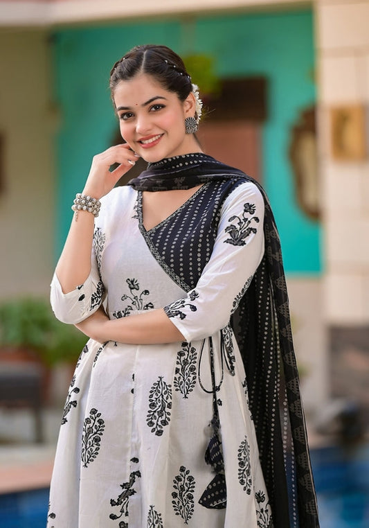 Striking Black and White Angrakha Kurta Set with Dupatta