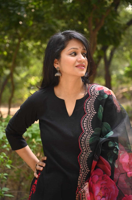 3-Piece Cotton A-Line Suit Set with Embroidered Kurta, Pant & Organza Dupatta