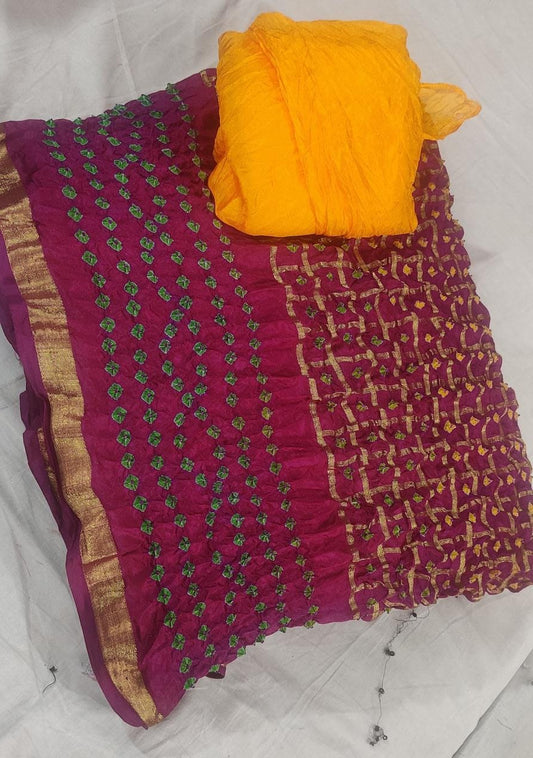 Bandhej Ghadchola Silk Saree with Zari Border and Contrast Blouse