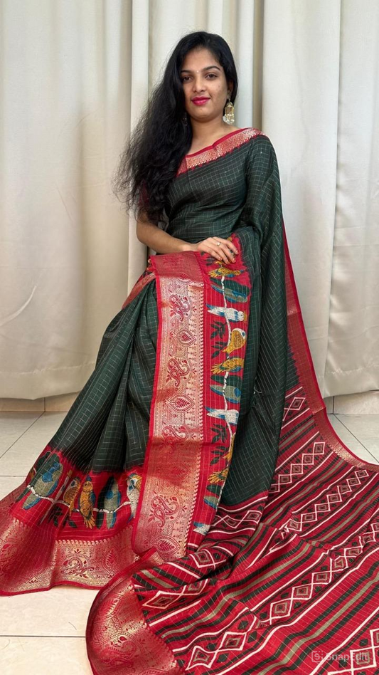 Dola Silk Saree with Jari Chex Design & 9" Jacquard Border (Running Blouse Included)