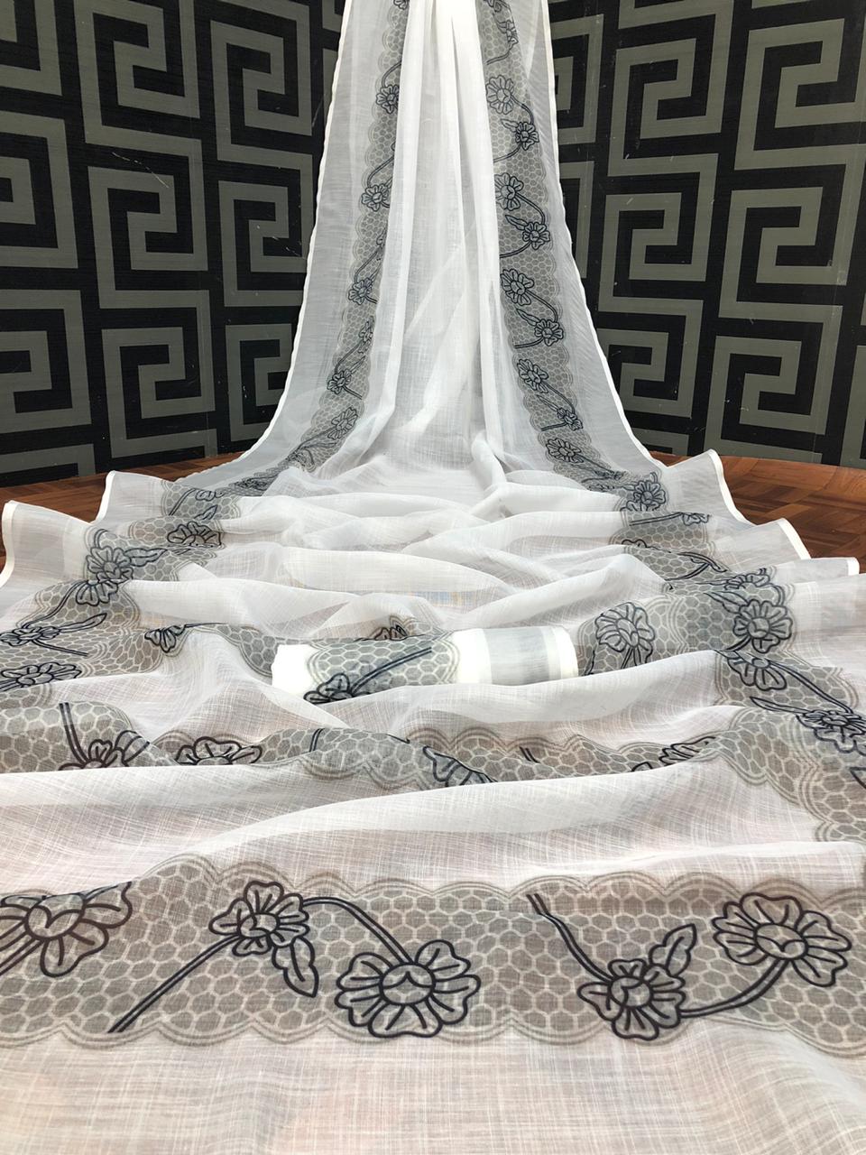 Linen Saree with Kalamkari Pallu and Silver Jari Border - Digital Print