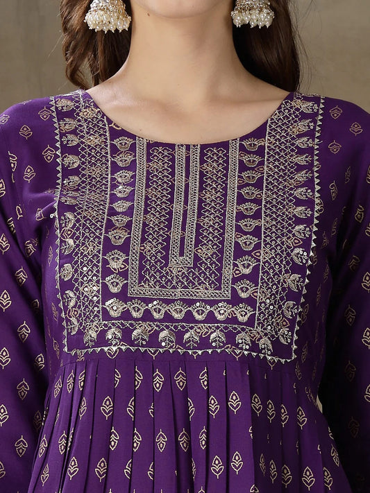 Violet Kurti Dhoti Set with Gold Prints, Embroidery & Gota Lace