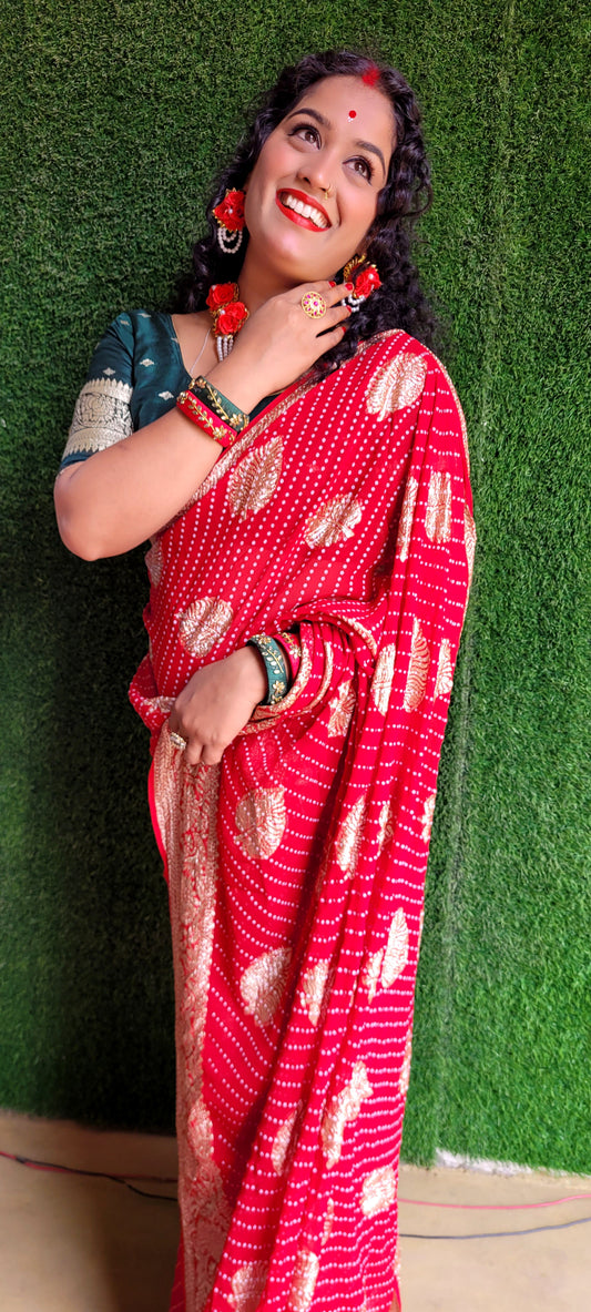 Sanganeri Print Saree with Zari Work and Contrast Blouse