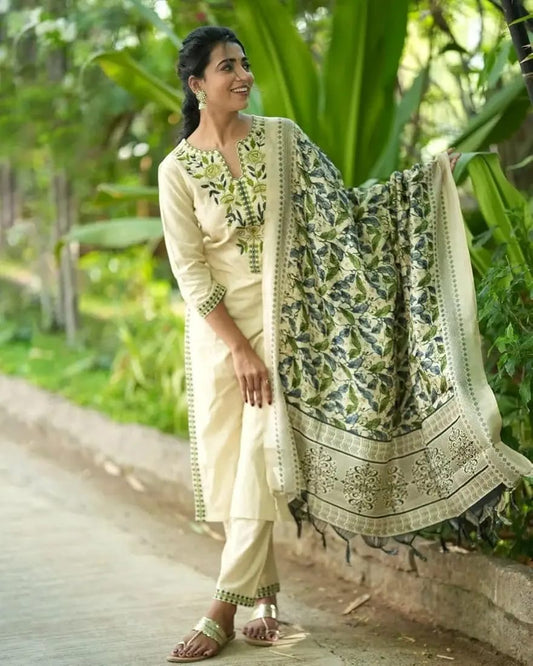 Cotton Embroidered Kurta Set with Silk Dupatta